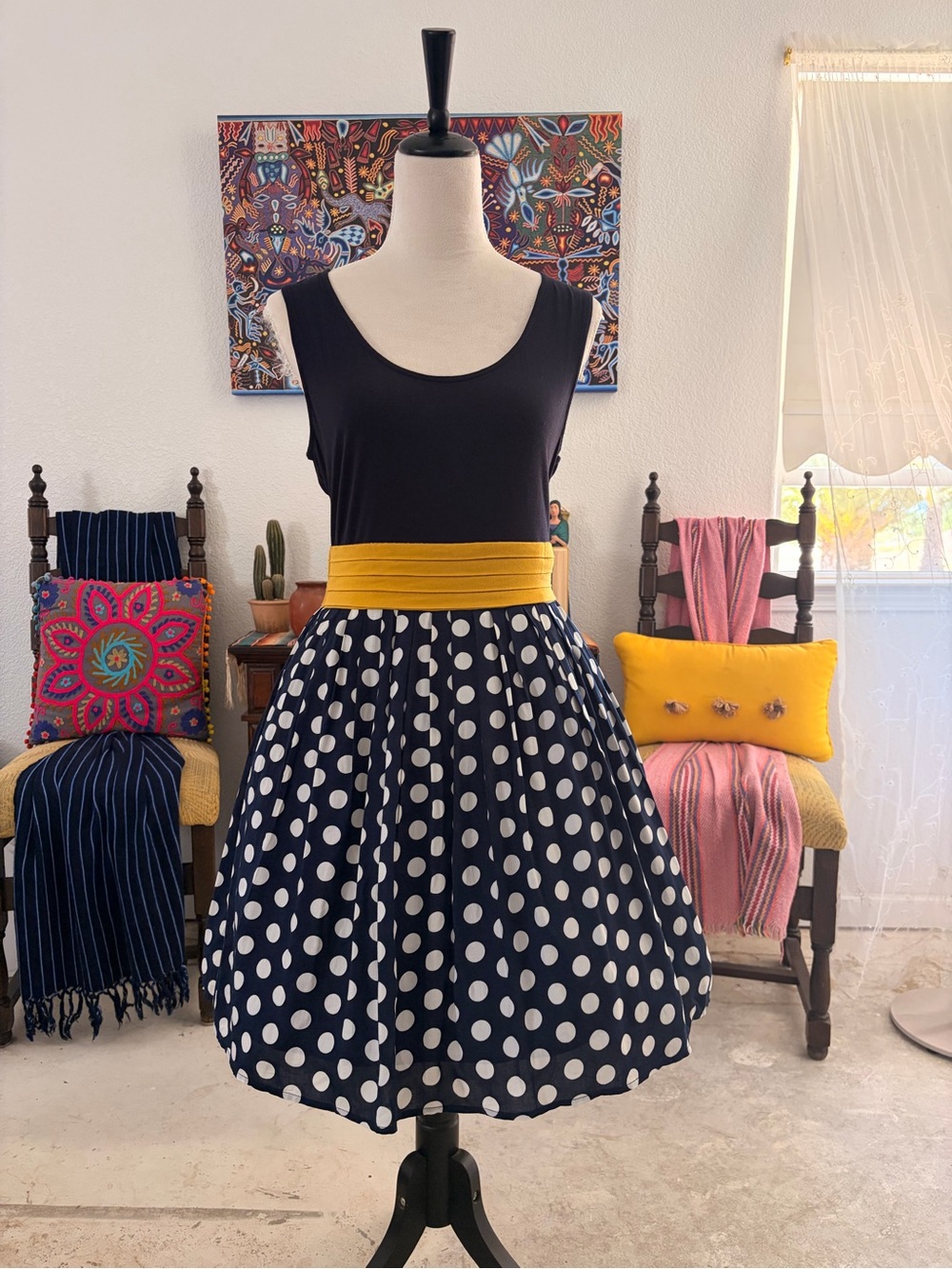 COMME TOI Navy Polka Dot Fit & Flare Dress with Mustard Waistband Large